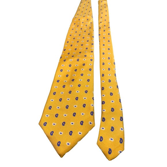 Lands End Mens Yellow Silk Tie Necktie Blue Paisley Dot Made in USA - Picture 1 of 4